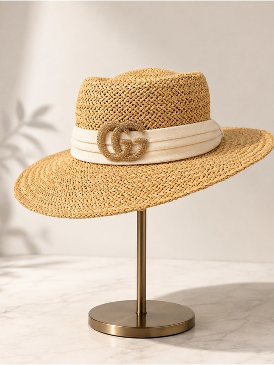 Accessories - Straw Sun Hat with Cream Band and Gold Double-G Accent